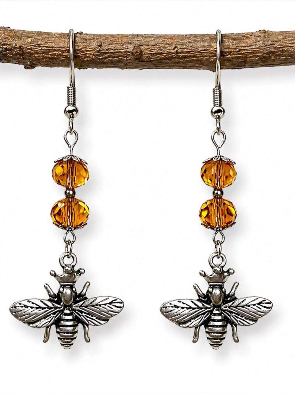 Amber Bee Dangle Earrings, Honey Crystal Boho, Nature Inspired Jewelry